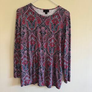 J Jill Wearever Collection Women Paisley Babydoll Style Top SZ M Red Blue Black